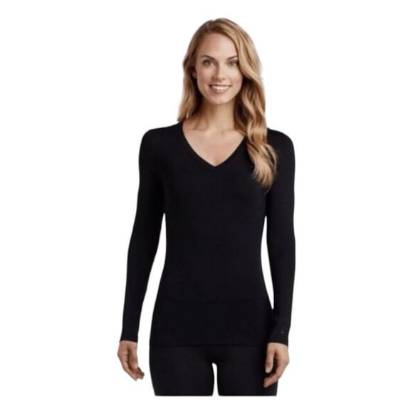 Cuddl Duds Chill Chasers Softwear Stretch Top Black Base Layer Long Sleeve V-Nec - Picture 1 of 6